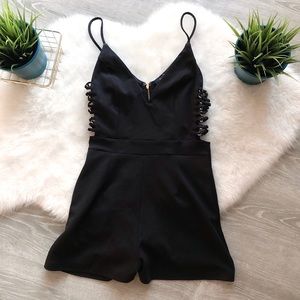 PRIVY Black & Gold Strappy Cage Plunge Romper - S